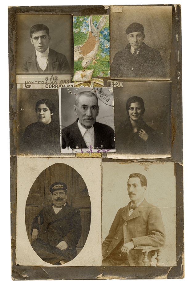 Postal con muchas fotos retratos antiguos